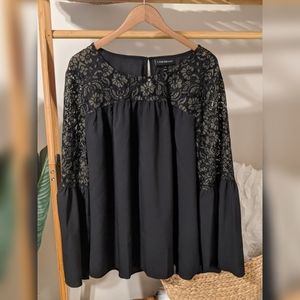 Black and green/gold lace bell sleeve top
